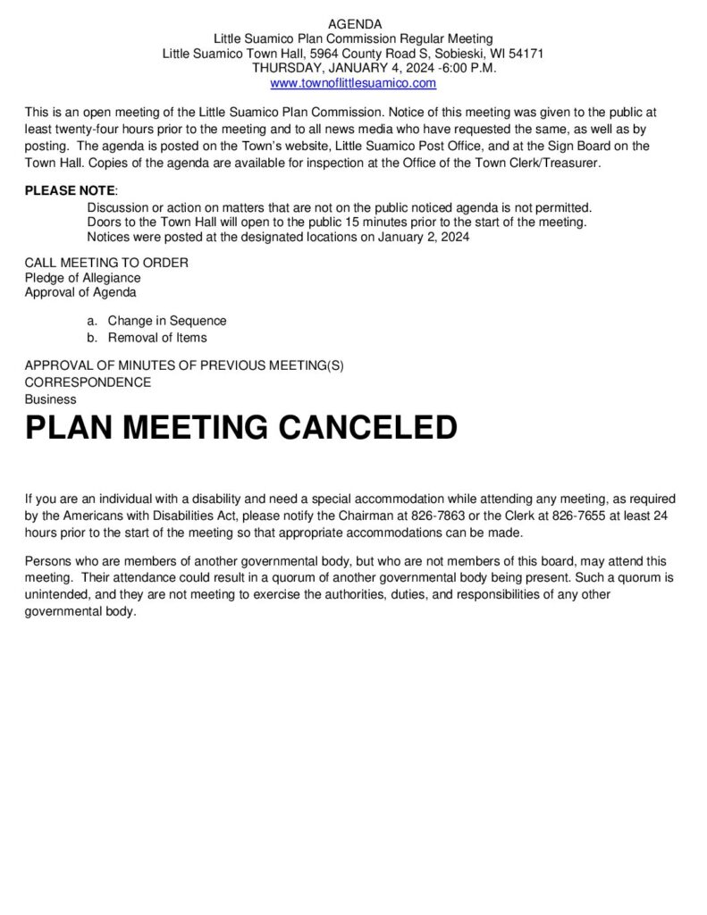 Plan Meeting January 4, 2024 - Town Of Little Suamico